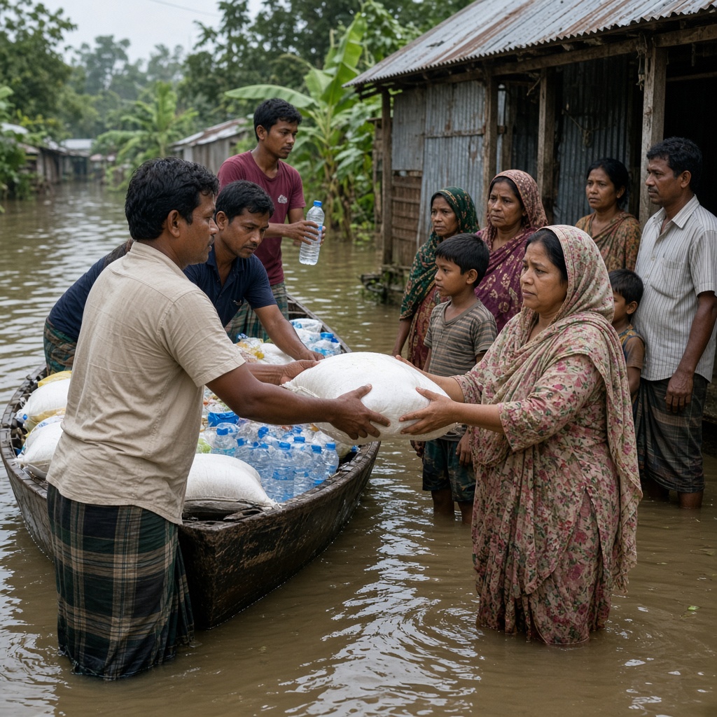 Flood relief boats in Sylhet